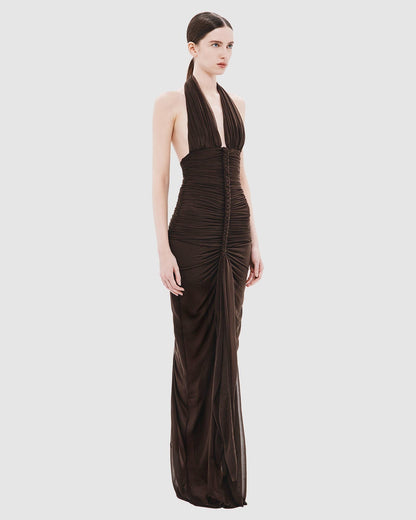 Halter Braid Detail Ruched Maxi Dress Brown HV0083