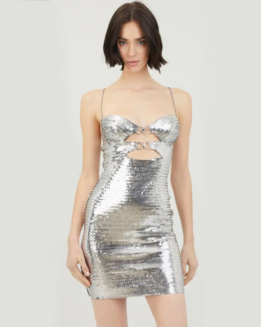 Cut Out Detail Sequin Dress Silver HV9731