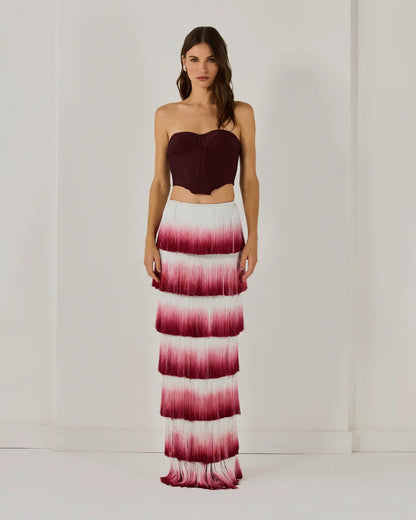 Strapless Tassel Two Piece Maxi Dress Burgundy HV2598