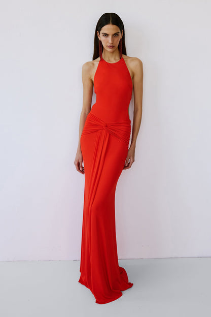 Halter Backless Draped Maxi Dress Coral Red HV2972