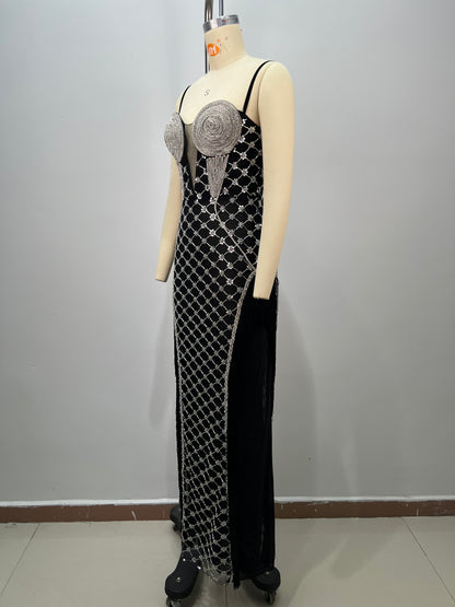 Tassel Bustier Sequin Maxi Dress Black Silver HV2927
