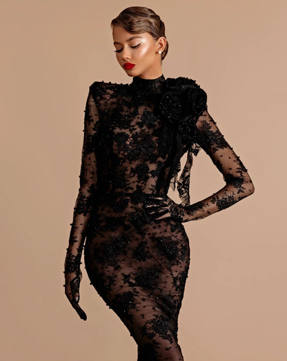 Long Sleeve Lace Backless Maxi Dress Black Nude HV2903