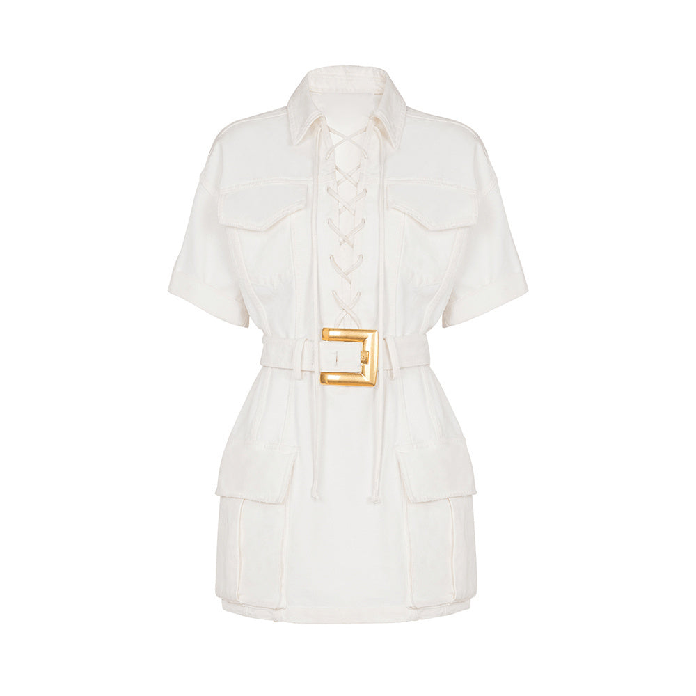 Short Sleeve Lace Up Detail Dress Came HV2748l