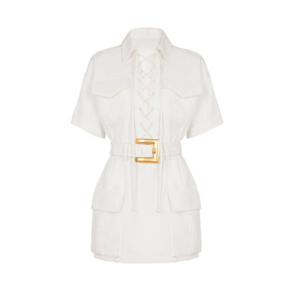 Short Sleeve Lace Up Detail Dress Came HV2748l