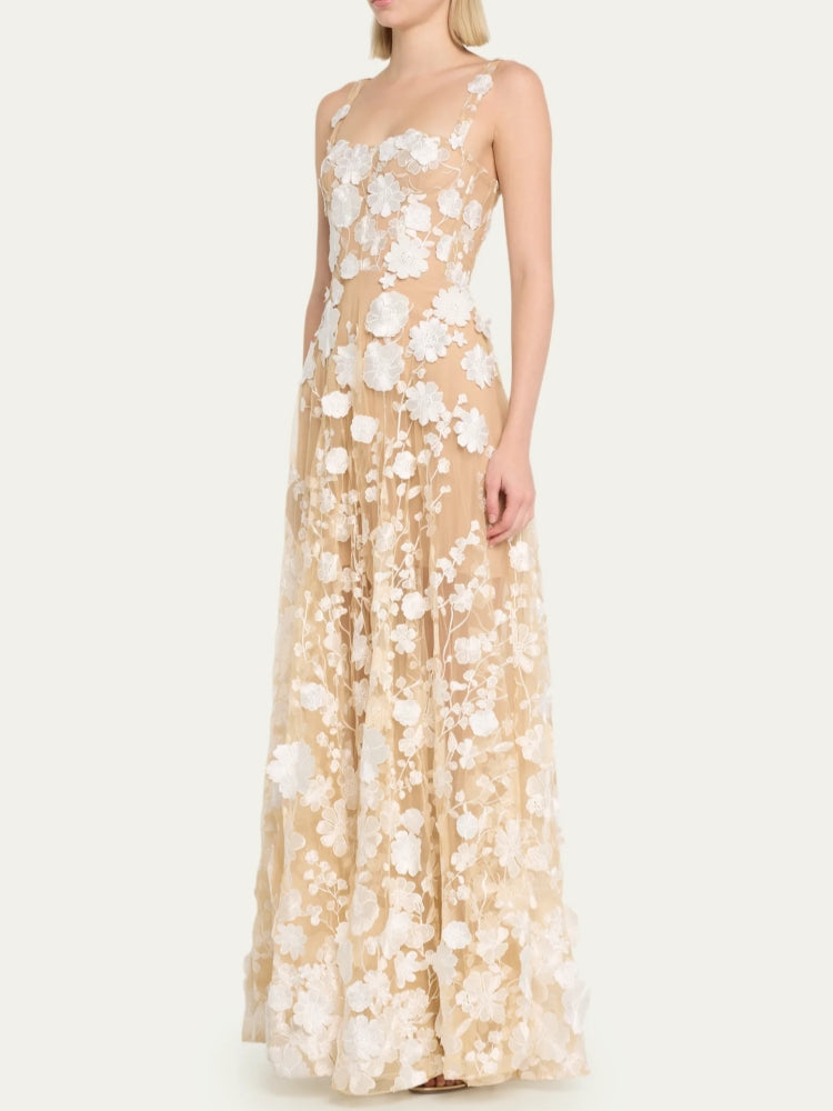 Floral Embroidered Maxi Dress White Nude HV1501