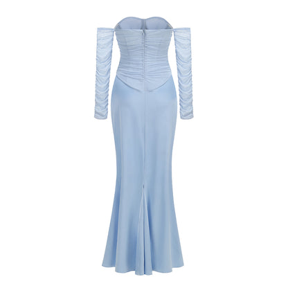 Long Sleeve Draped Mesh Bustier Maxi Dress Blue HV3179