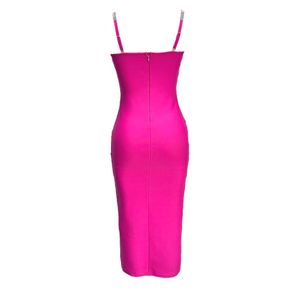 Crystal Button Midi Dress Hot Pink HV1475