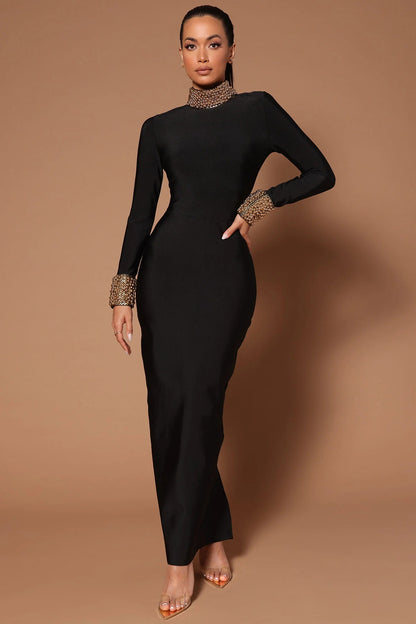 Long Sleeve Embellished Backless Maxi Dress Black HV1739