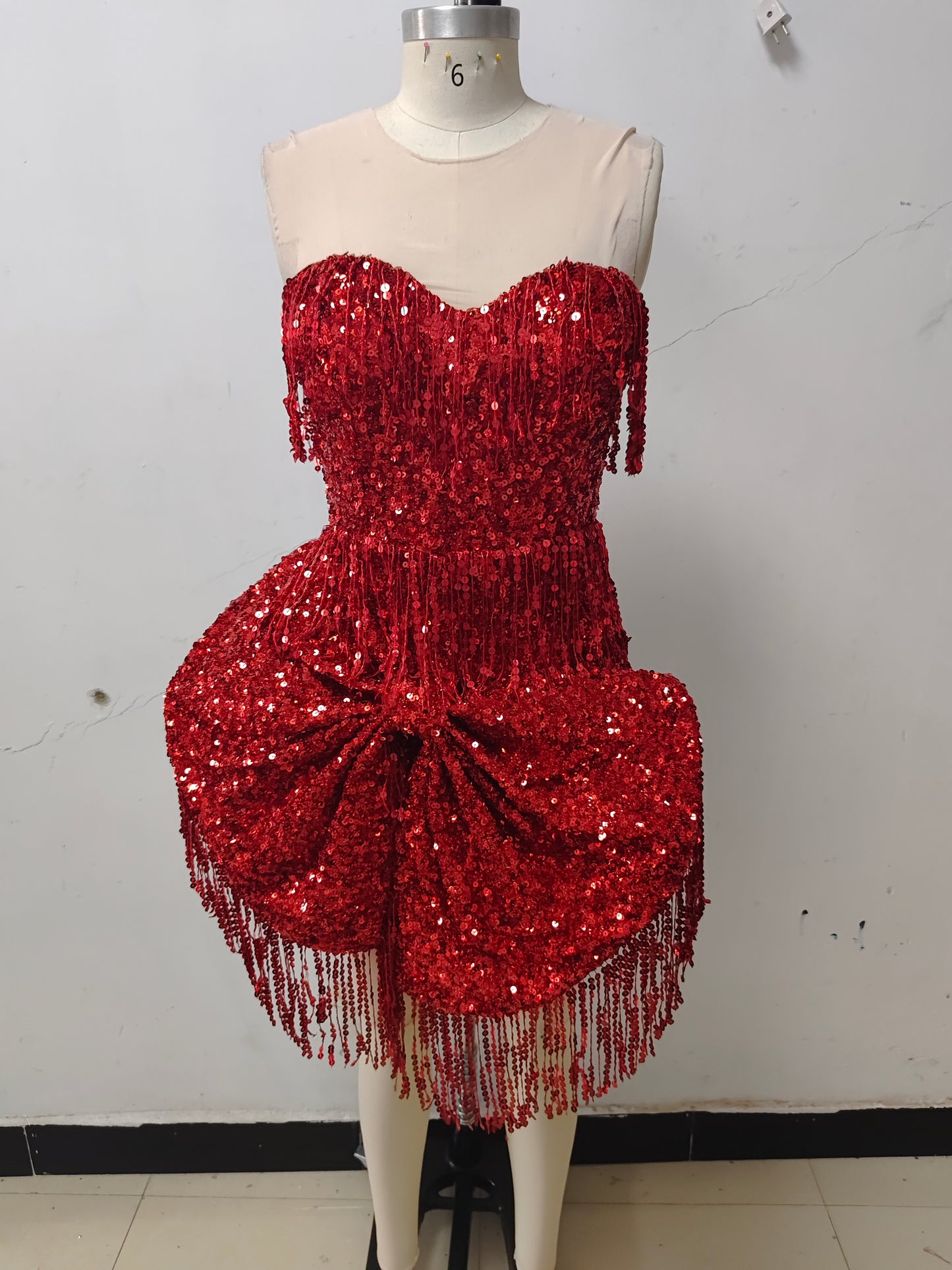 Strapless Sequin Tassel Bow Dress Red HV1190