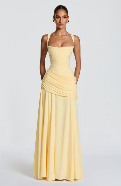 Halter Draped Detail Corset A Line Maxi Dress Yellow HV2962