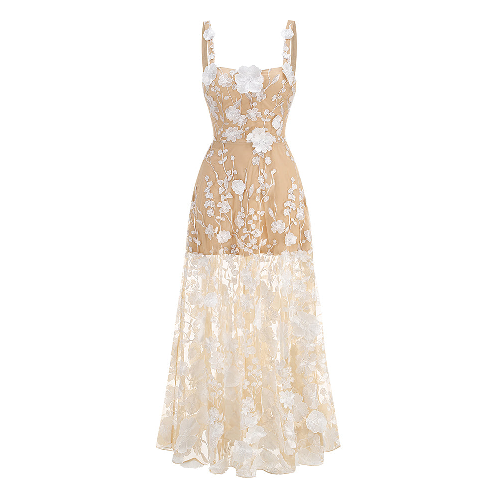 Floral Embroidered Maxi Dress White Nude HV1501