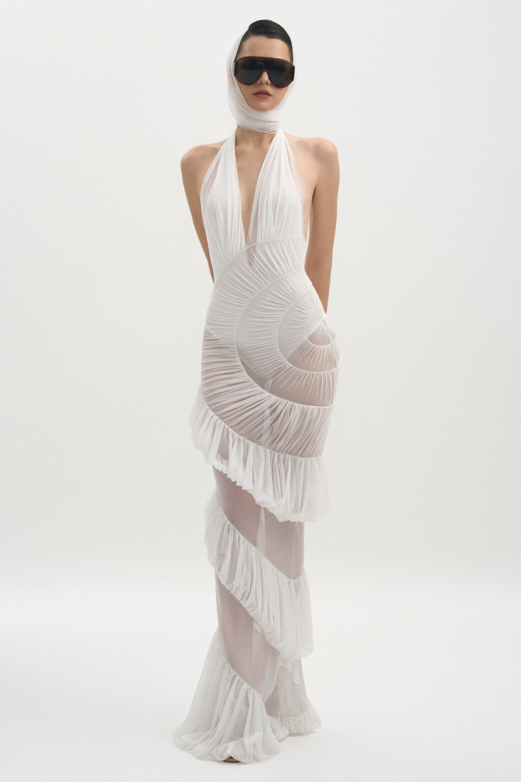 Halter Ruched Ruffle Maxi Dress White HV2589