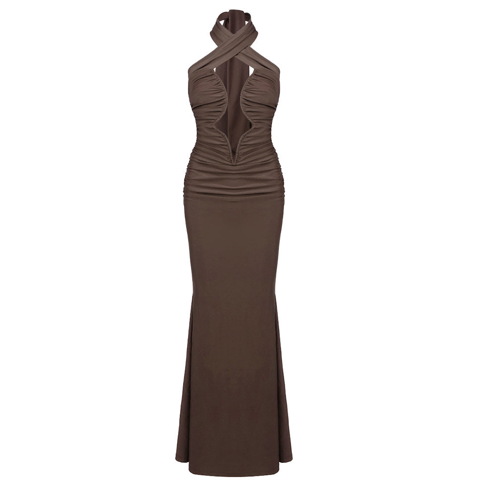 Halter Ruched Maxi Dress Brown HV2662