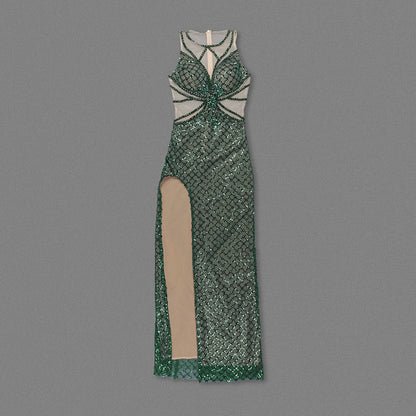 Sequined Mesh Maxi Dress Green HV1724