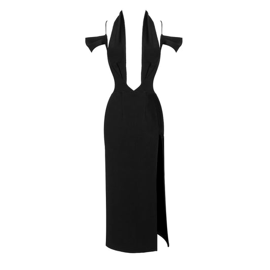 Plunge V Neck Off Shoulder Midi Dress Black HV9539