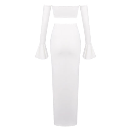 Long Sleeve Bardot Two Piece Maxi Dress White HV2658