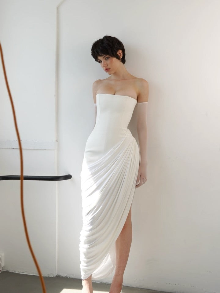 Strapless Draped Corset Maxi Dress White HV2670