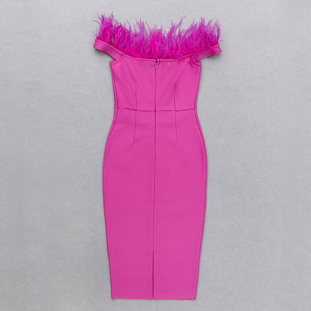 Feather Off Shoulder Midi Dress Hot Pink HV9035