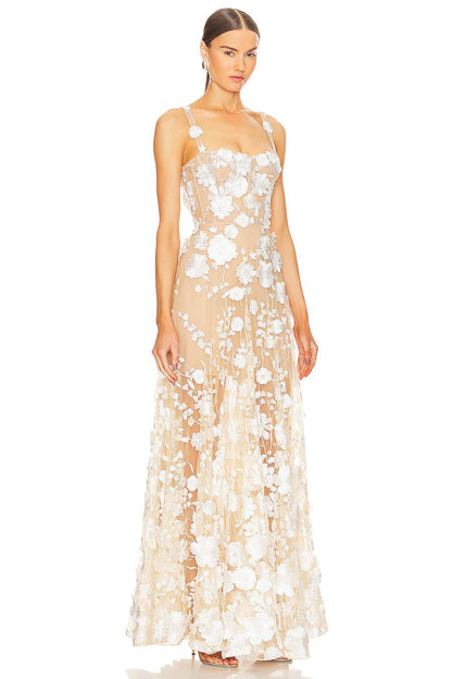 Floral Embroidered Maxi Dress White Nude HV1501