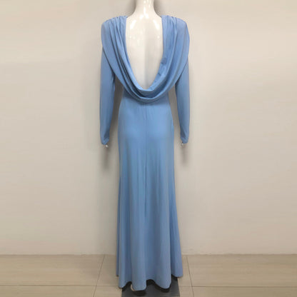 ชุดเดรสยาวแขนยาวดีไซน์หลังเปิดสีน้ำเงิน HV2628