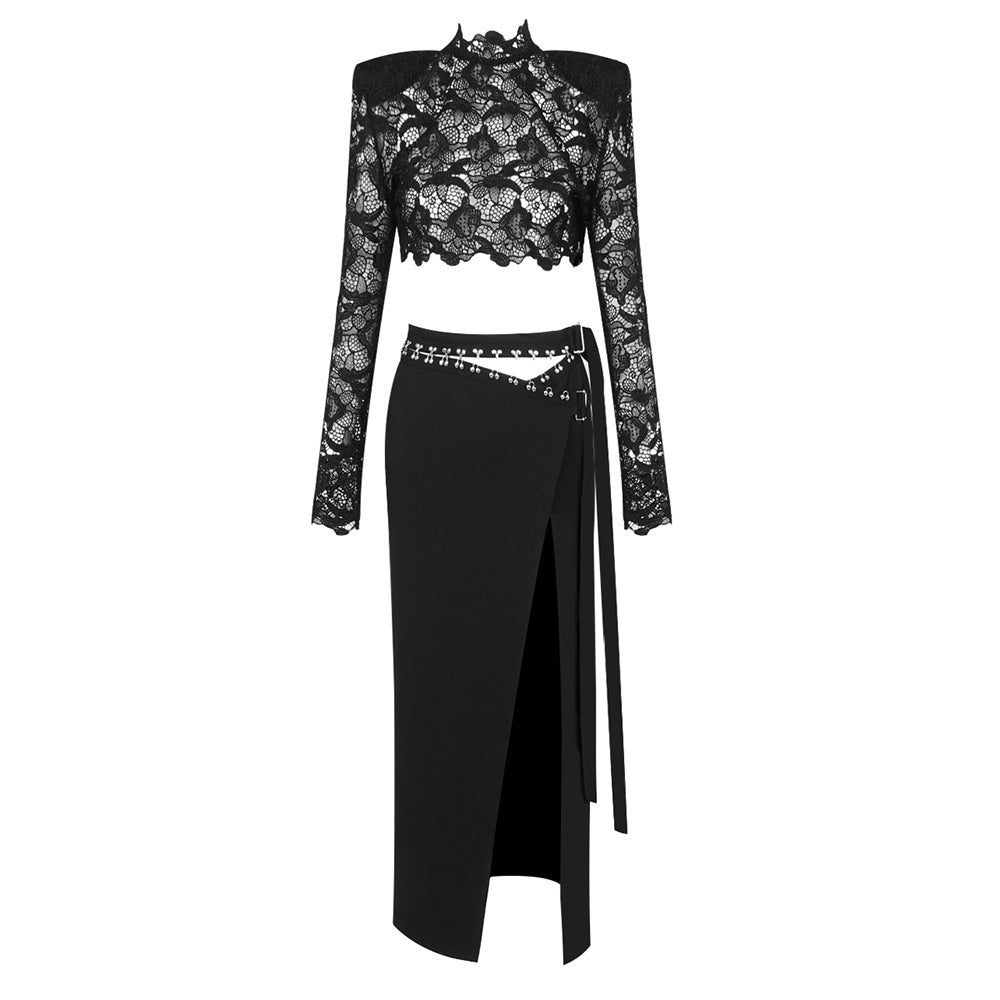 Long Sleeve Lace Midi Two Piece Dress Black HV0052