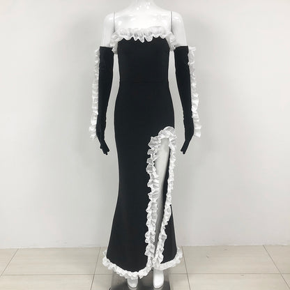 Strapless Ruffle Detail Maxi Velvet Dress Black White HV1399