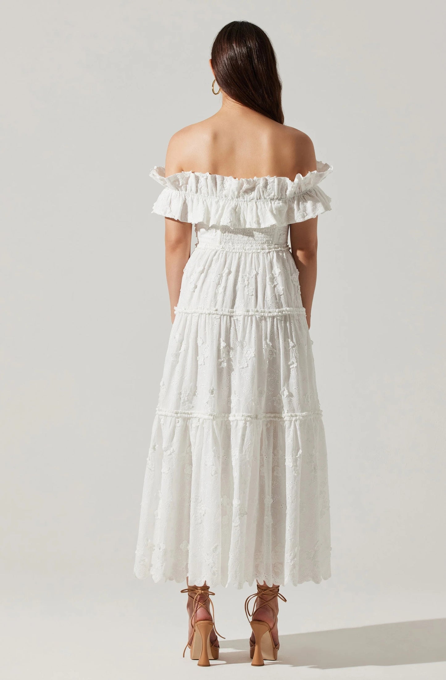 Ruffle Bardot A Line Midi Broderie Anglaise Dress White HV1407