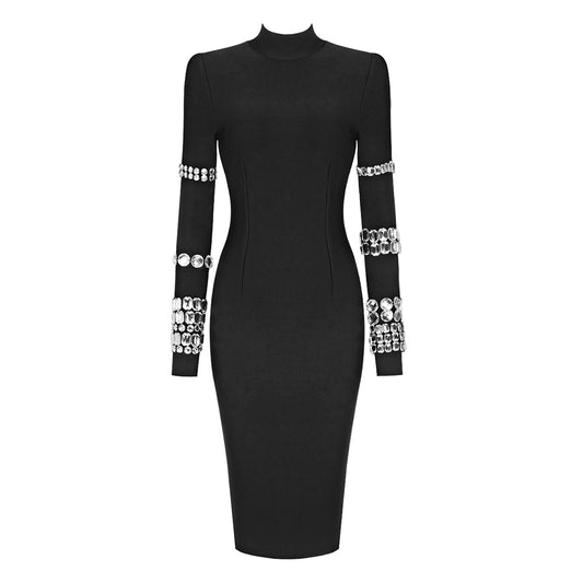 Crystal Long Sleeve Midi Dress Black HV9819