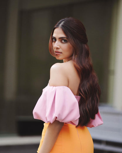 Puff Sleeve Bardot Midi Dress Pink Orange HV0002