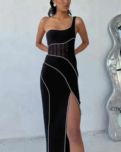 One Shoulder Structured Mesh Maxi Dress Black