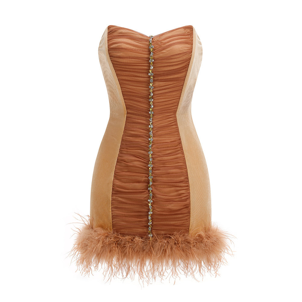 Strapless Crystal Draped Feathers Dress Brown HV2862