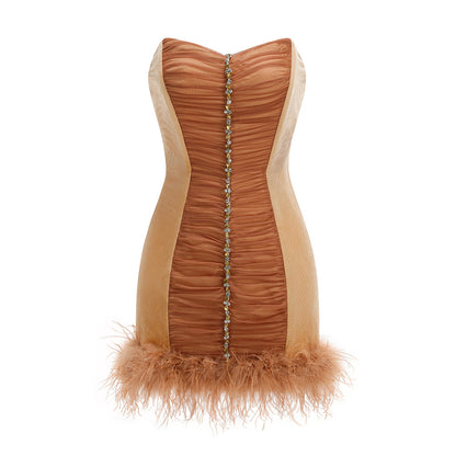 Strapless Crystal Draped Feathers Dress Brown HV2862