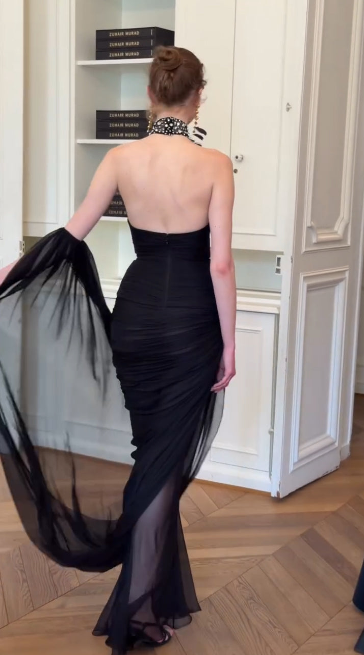 Halter Crystal Feather Draped Mesh Maxi Dress Black HV3081