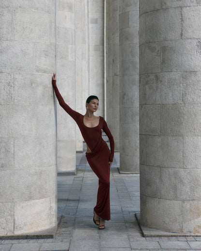 Long Sleeve Cut Out Detail Maxi Dress Burgundy HV3150