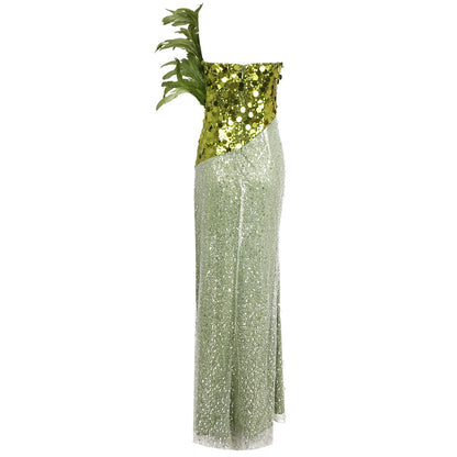 Strapless Feather Sequin Maxi Dress Green HV1498