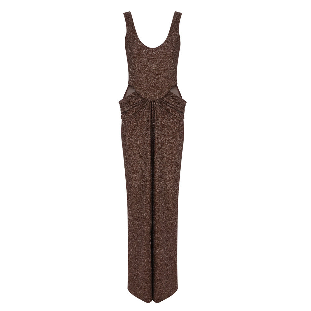 Mesh Insert Sparkly Maxi Dress Brown HV0061