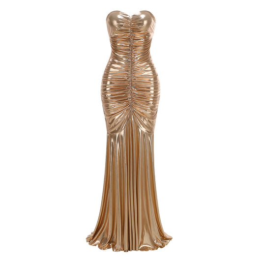Strapless Ruched Mermaid Maxi Dress Gold HV2957