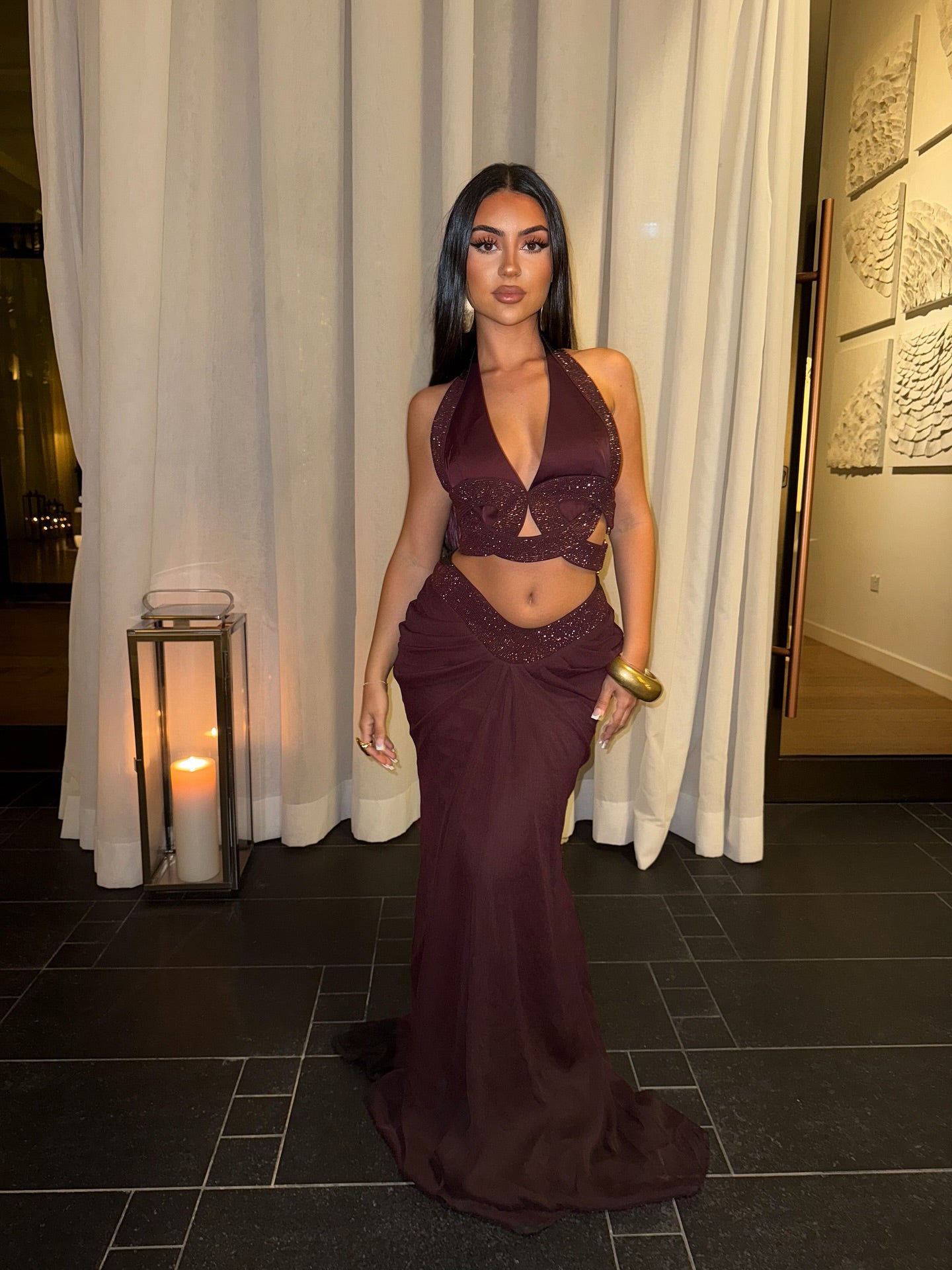 Halter Draped Two Piece Maxi Dress Brown Burgundy HV0072