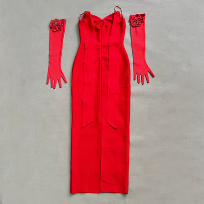 Halter Floral Gloves Maxi Dress Red HV2467