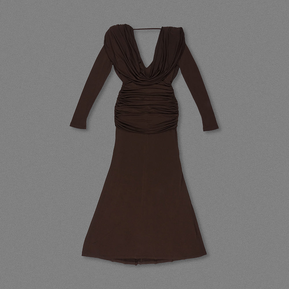 Long Sleeve Draped Maxi Dress Brown HV2076