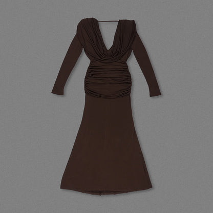 Long Sleeve Draped Maxi Dress Brown HV2076