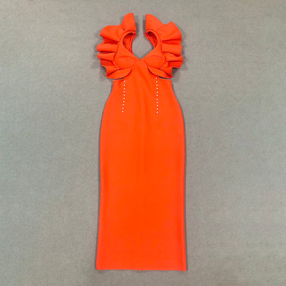 Ruffle Sleeve Bustier Midi Dress Orange HV1597