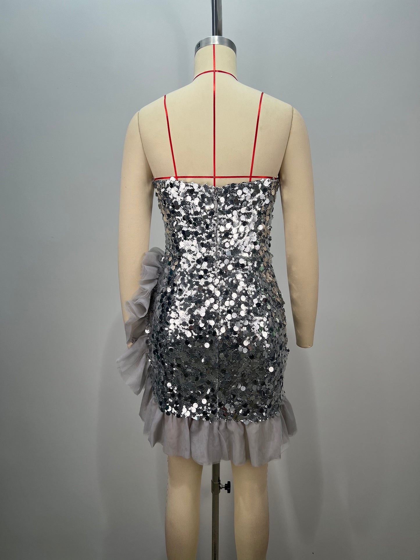 Strapless Sequin Ruffle Dress Silver HV1709