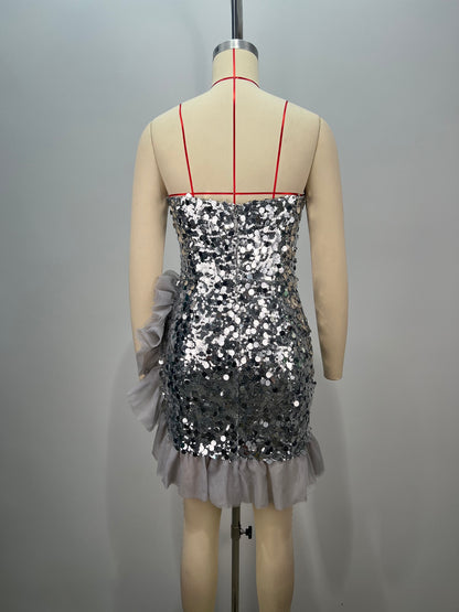 Strapless Sequin Ruffle Dress Silver HV1709