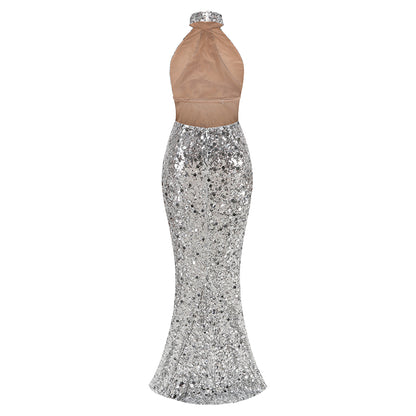 Halter Sequin Crystal Backless Maxi Dress Silver HV2056