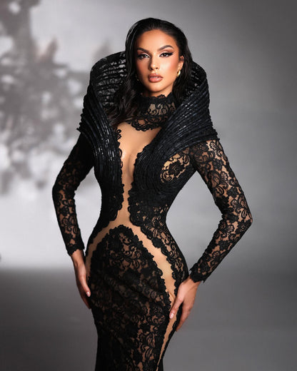 Long Sleeve Lace Maxi Dress Black HV1658