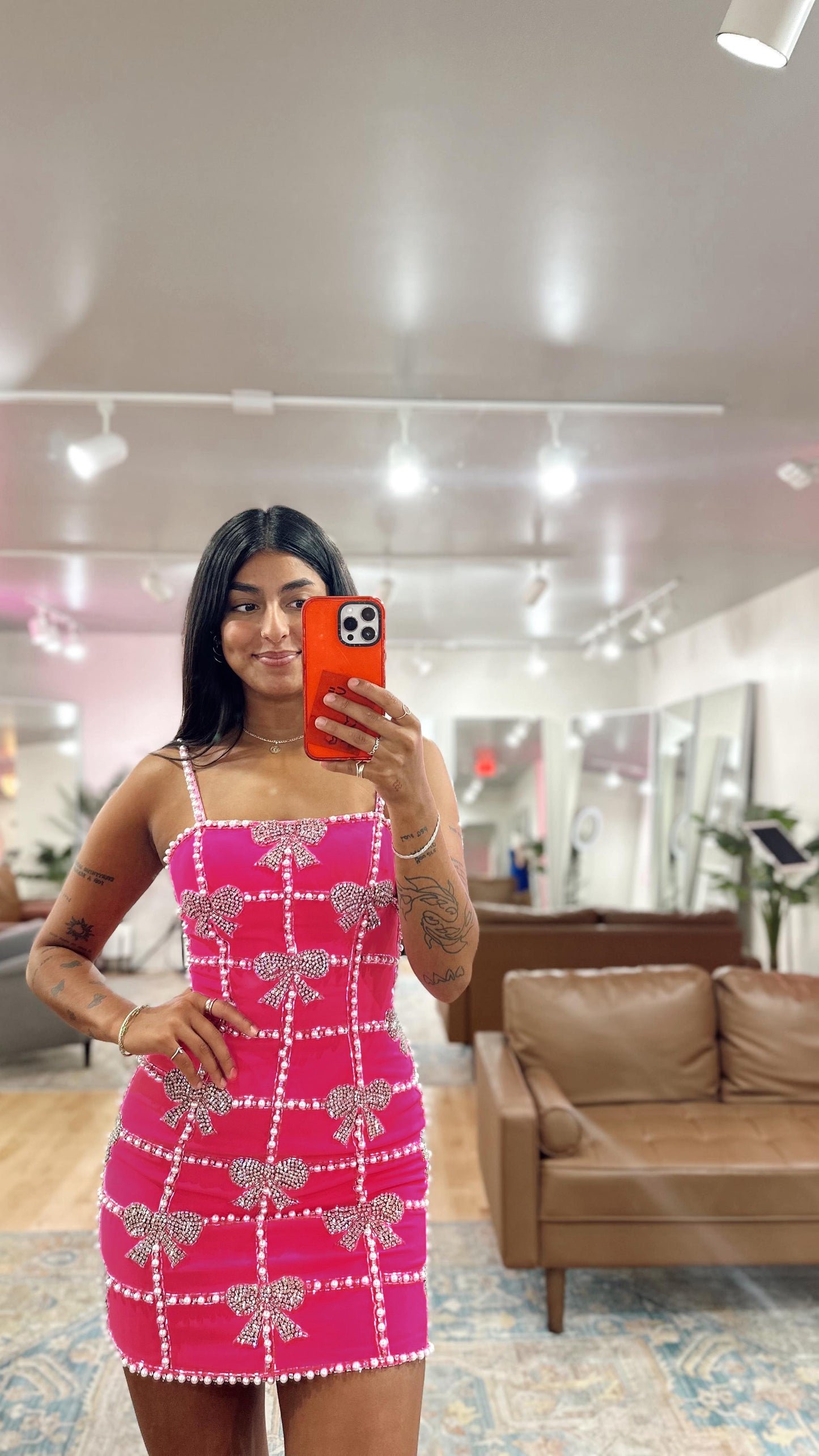 Crystal Pearl Embellished Dress Hot Pink HV2784