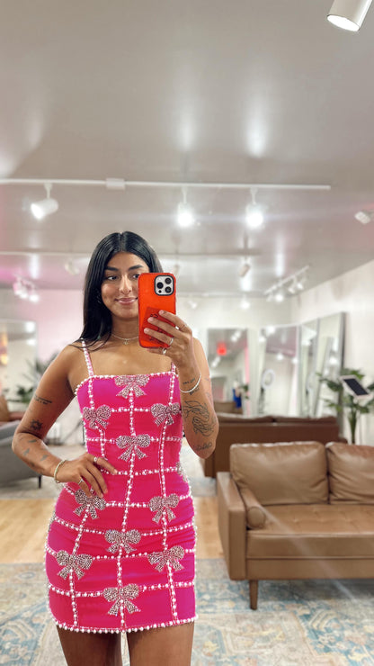 Crystal Pearl Embellished Dress Hot Pink HV2784