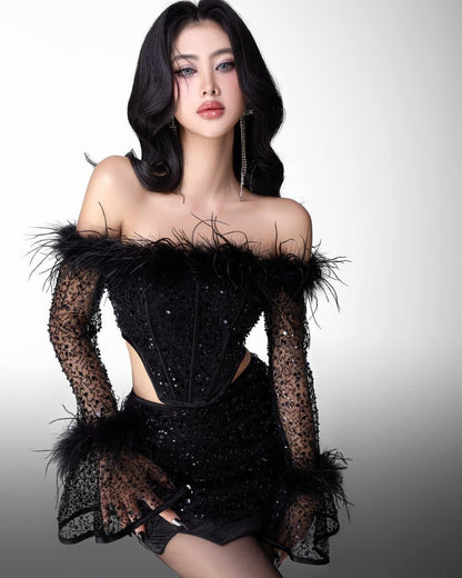 Long Sleeve Feather Bardot Sequin Two Piece Dress Black HV2447