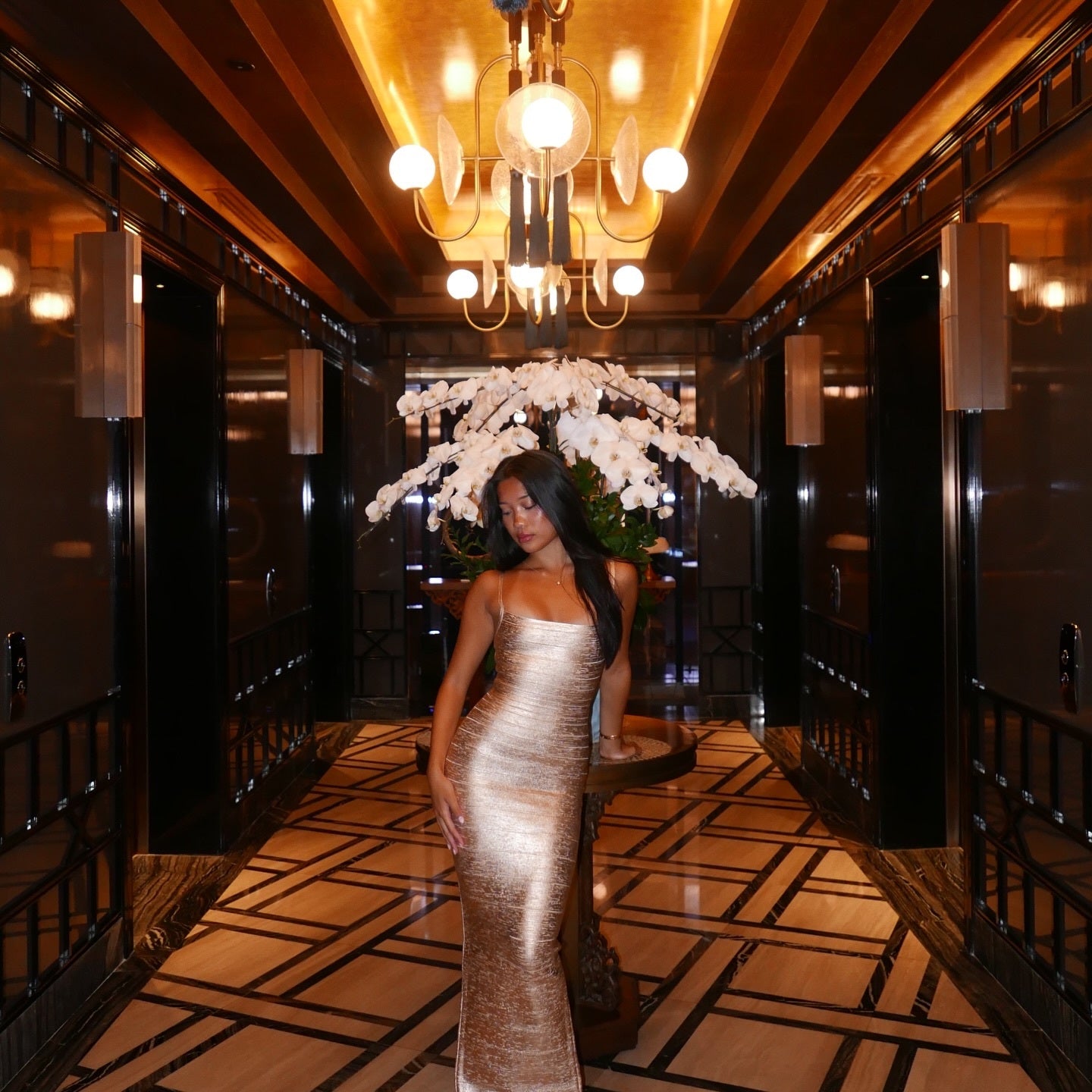 Woodgrain Foil Print Maxi Dress Gold HV2942